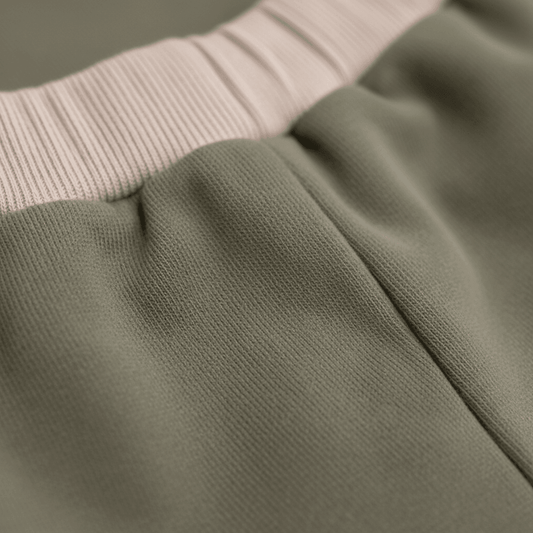 Soft olive green baby pants with pink ribbed waistband, organic cotton texture close-up