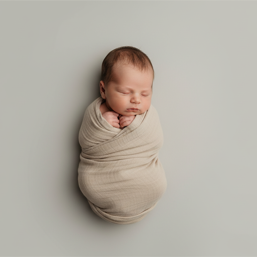 Newborn baby wrapped in a beige swaddle on a light gray background
