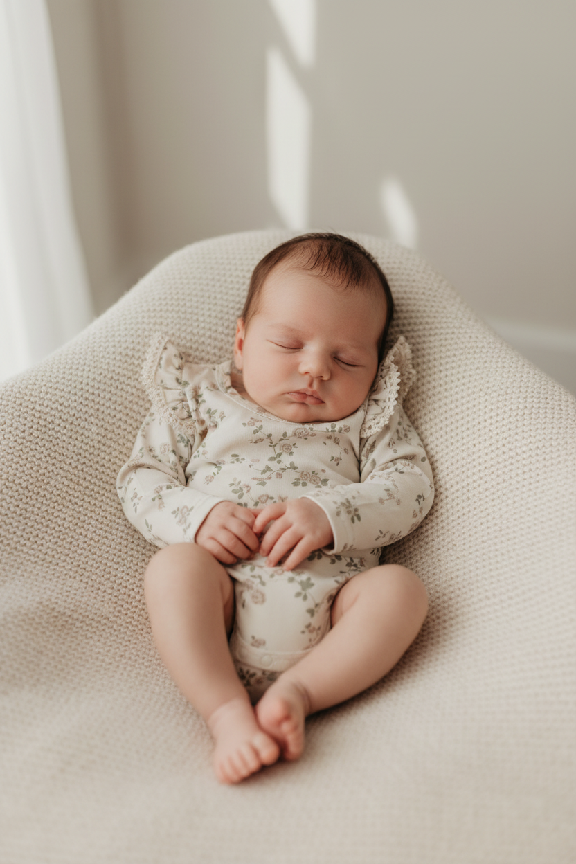 Organic floral print baby bodysuit on sleeping infant, soft certified organic cotton.