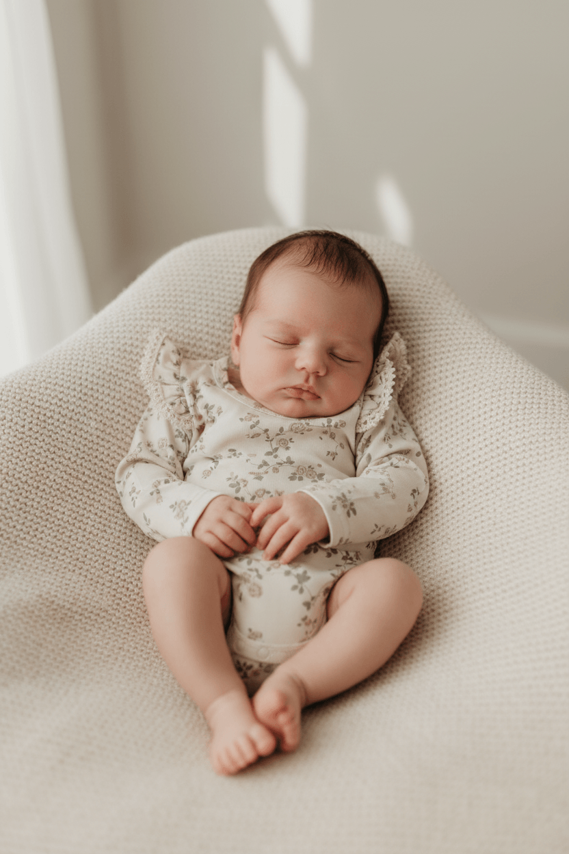 Baby in floral organic onesie sleeping on textured blanket, gentle early motherhood essentials