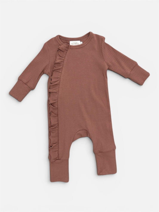Organic brown baby romper with side frills, long sleeves, and ribbed cuffs by Casita Bebes.