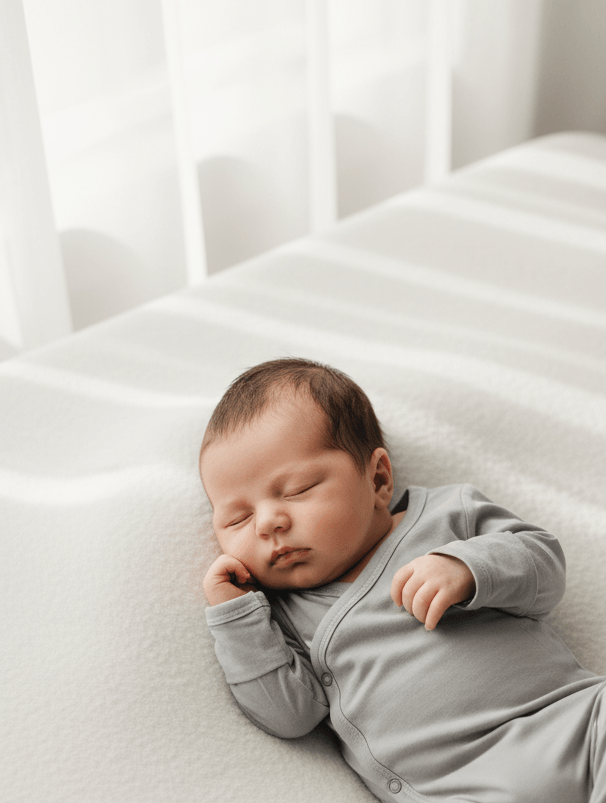 Newborn baby sleeping peacefully on a white blanket with a blurred white curtain in the background.