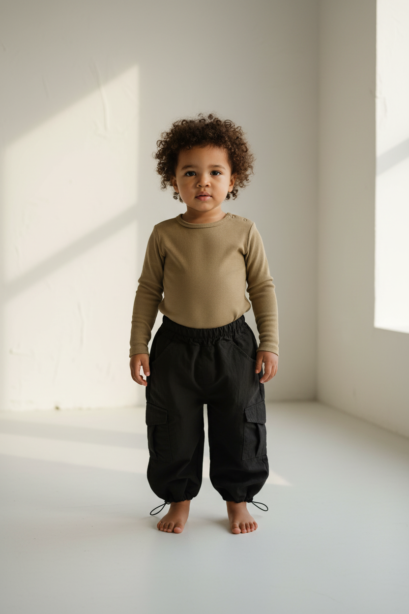 Toddler wearing a beige long-sleeve shirt and black pants casita bees brand standing in a bright room with sunlight streaming in.