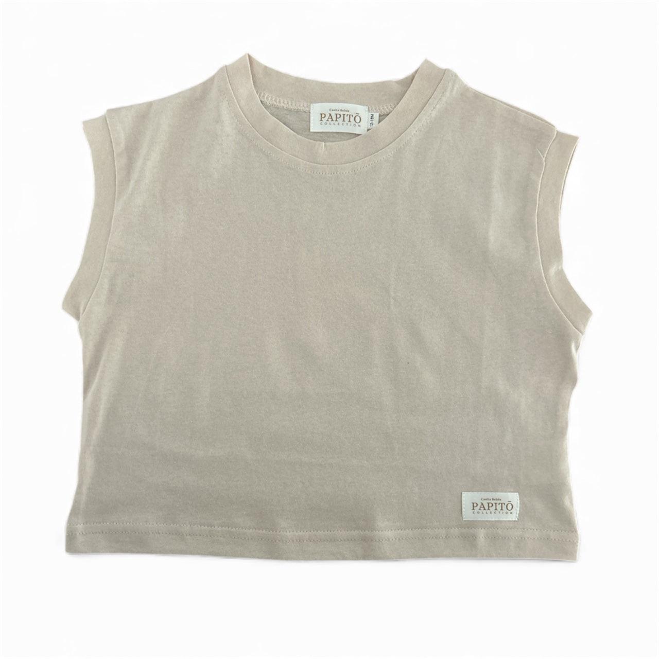 Organic dusty beige baby shirt by Casita Bebes, sleeveless soft cotton baby clothing.