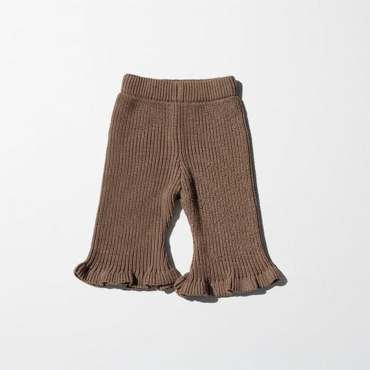 Dusty brown organic knitted baby pants with flared ruffle hems from Casita Bebes, certified organic.