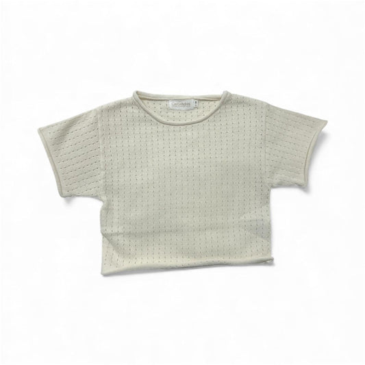 Organic beige baby top with textured knit, short sleeves, and round neckline from Casita Bebes.