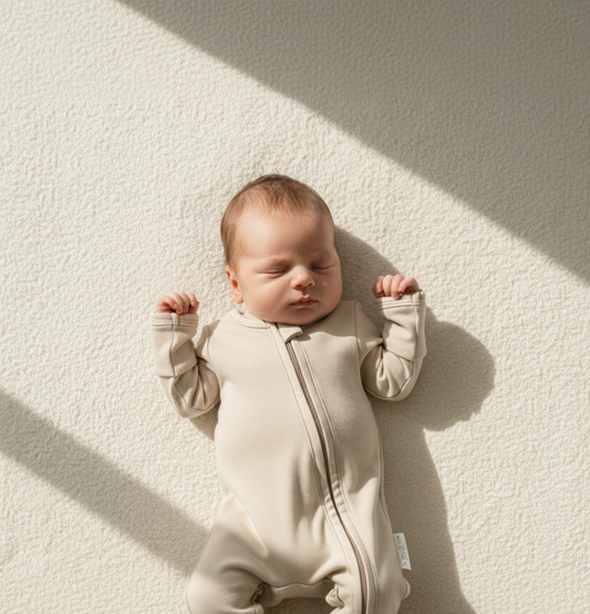 Organic beige baby romper with zipper, certified organic baby clothing by Casita Bebes.