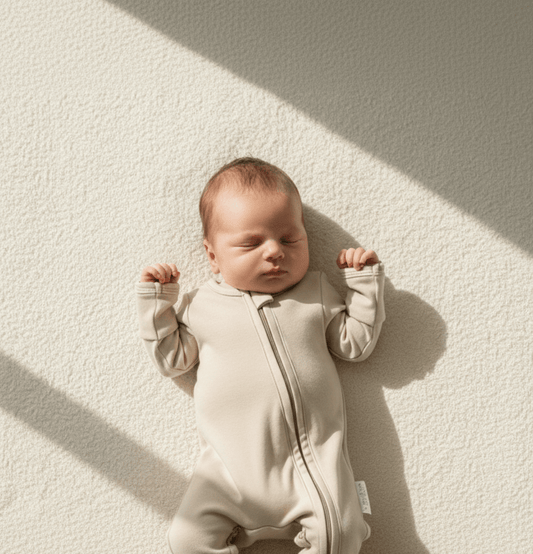 Baby sleeping in organic cotton onesie on soft blanket, gentle sunlight