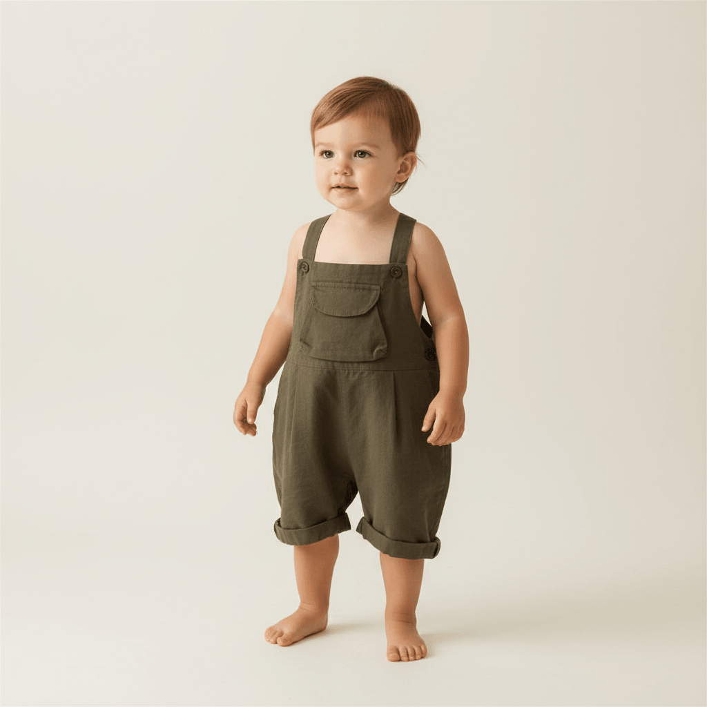 Baby wearing olive green organic cotton overalls with rolled cuffs and front pocket