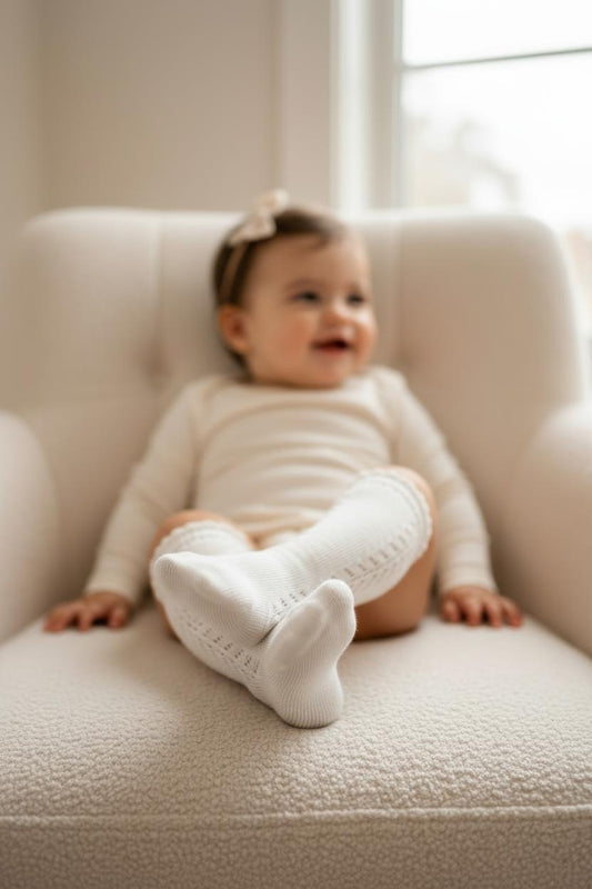 Baby wearing certified organic dusty white knee high socks from Casita Bebes.
