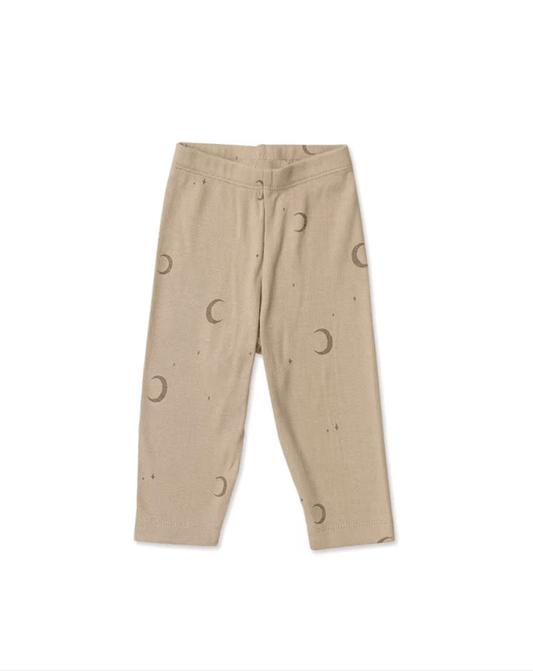 Organic baby pants with moon print, soft beige fabric for everyday comfort