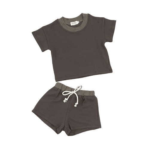 Organic baby clothing set with short sleeves and drawstring shorts in earthy tone