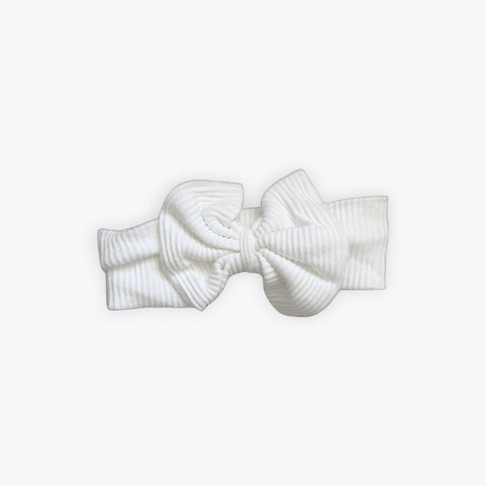 White ribbed cotton bow headband for baby, certified organic, Casita Bebes baby clothing.