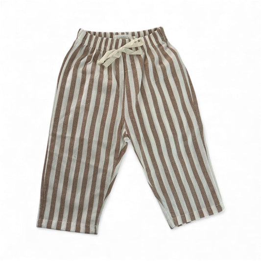 Organic dusty brown striped baby pants with drawstring waist, certified organic baby clothing.