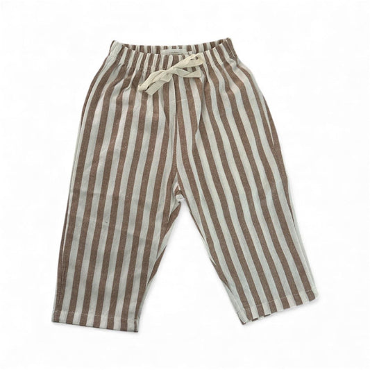 Organic baby pants with brown and cream stripes, elastic waist, and drawstring for comfortable everyday wear.