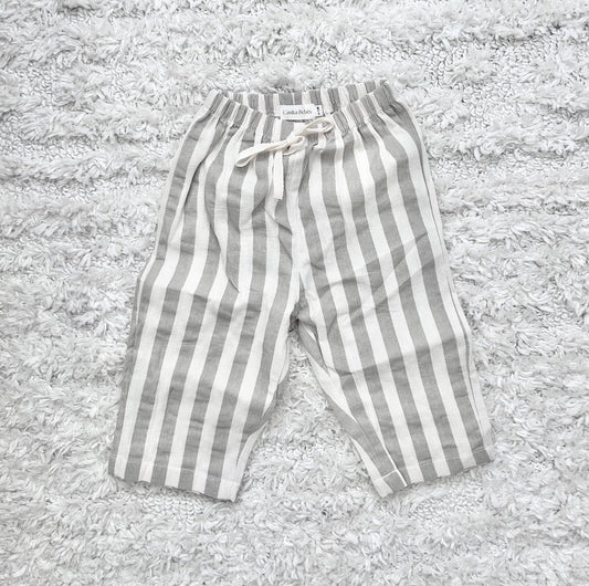 Organic dusty grey and white striped baby pants with drawstring, certified organic baby clothing by Casita Bebes.