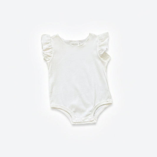 White baby bodysuit with ruffled sleeves on a light gray background