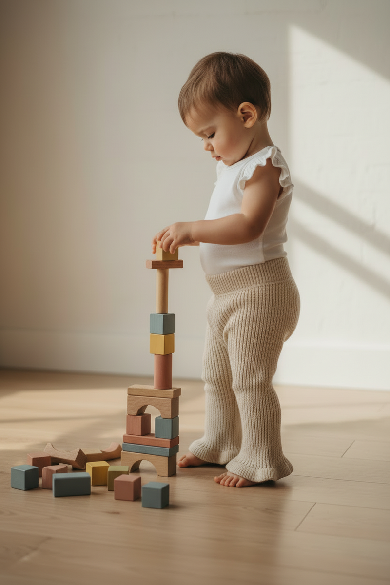 Mamīta girls flared pants by Casita Bebes styled with neutral baby clothing, soft breathable fabrics and timeless design.