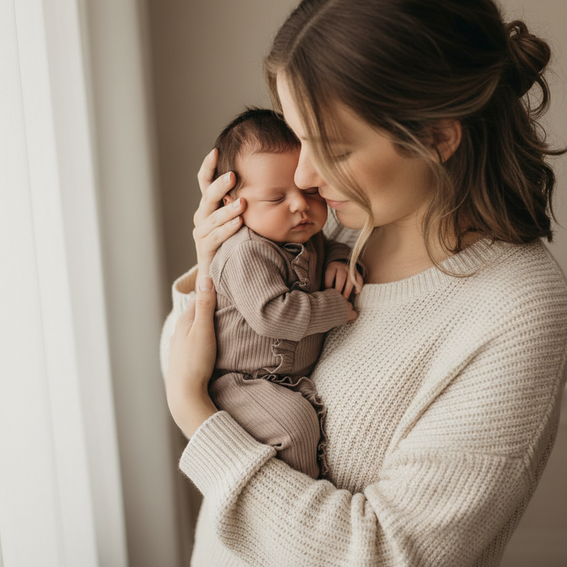     Soft Mother’s Day image of a mum holding her newborn baby     in soft heirloom-inspired babywear by Casita Bebes