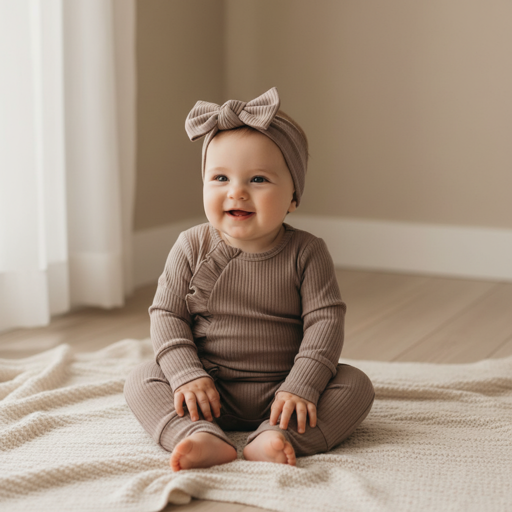 Baby wearing dusty purple organic ribbed cotton headband and matching bodysuit from Casita Bebes Mamīta Collection.