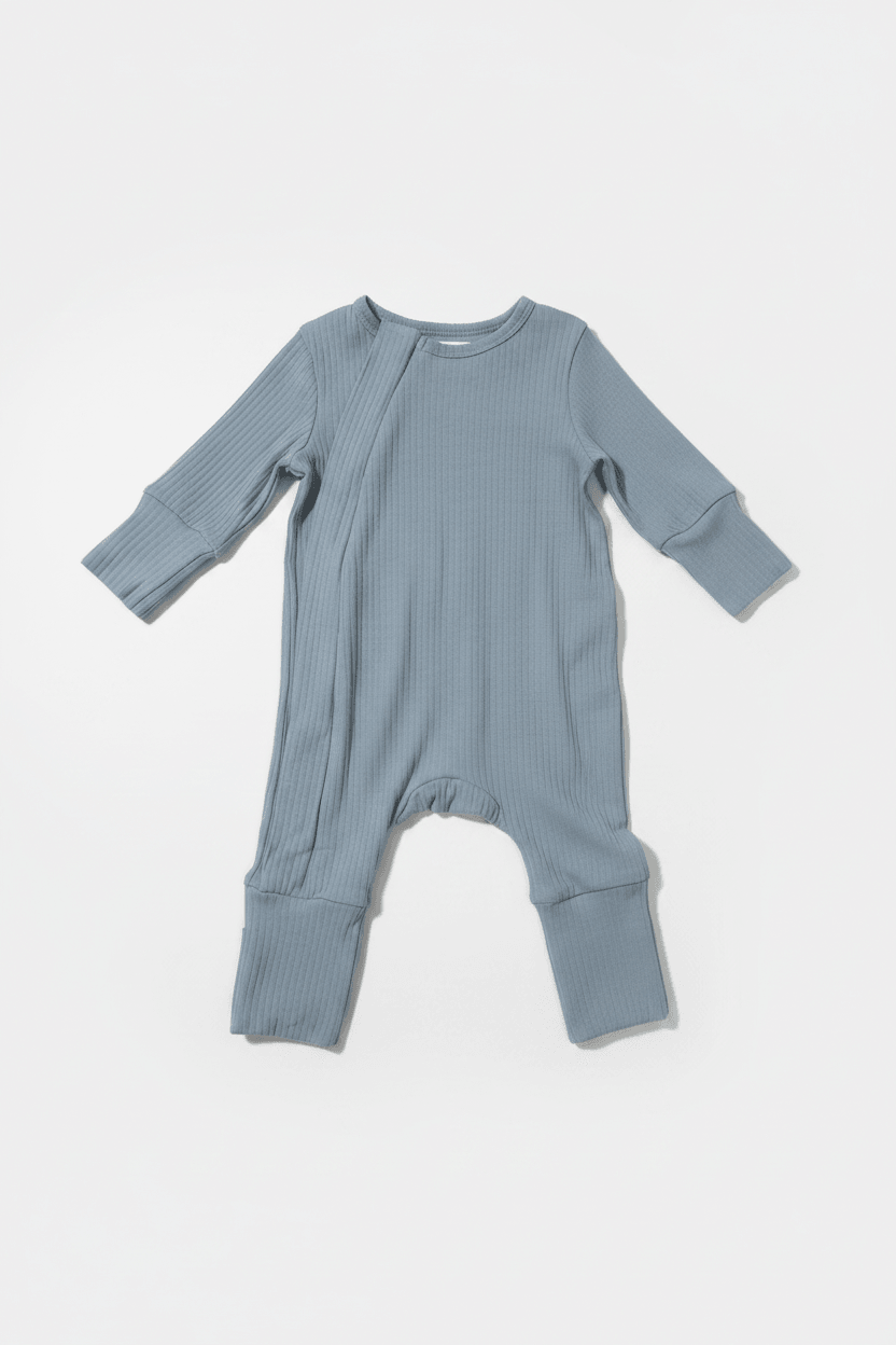 Blue baby onesie on a white background