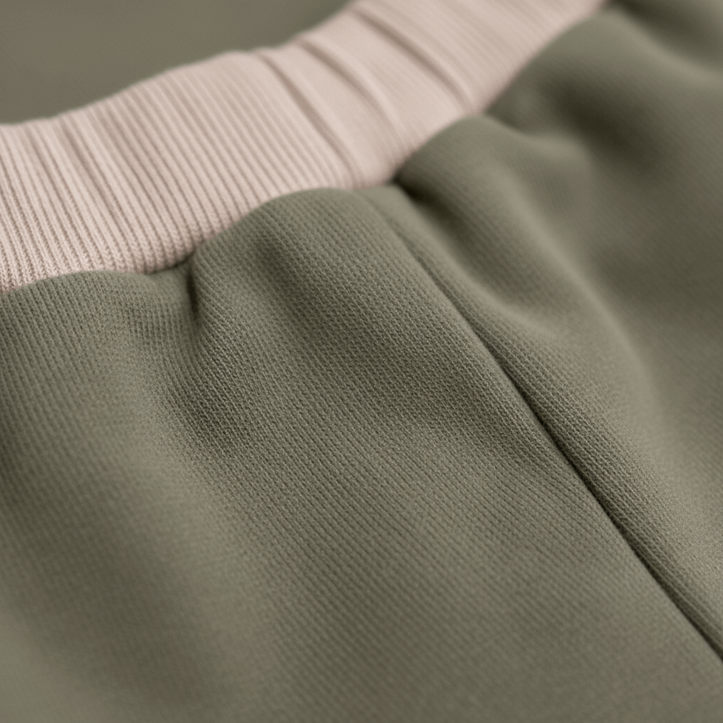Close-up of green fabric with a beige trim