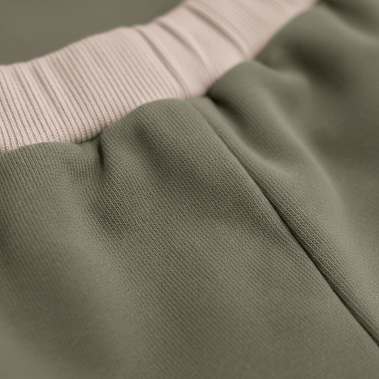 Close-up of green fabric with a beige trim