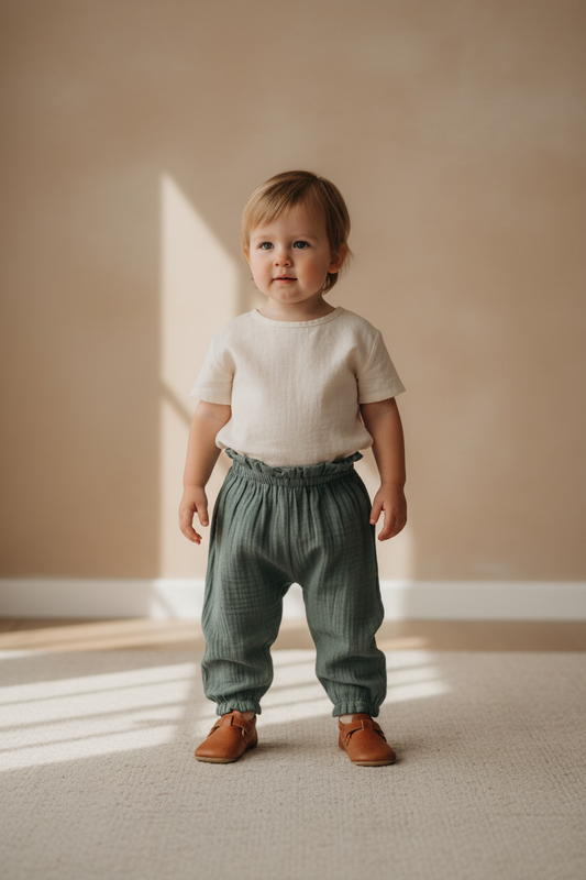 Toddler wearing sage green organic cotton bubble pants with elastic cuffs and waistband.