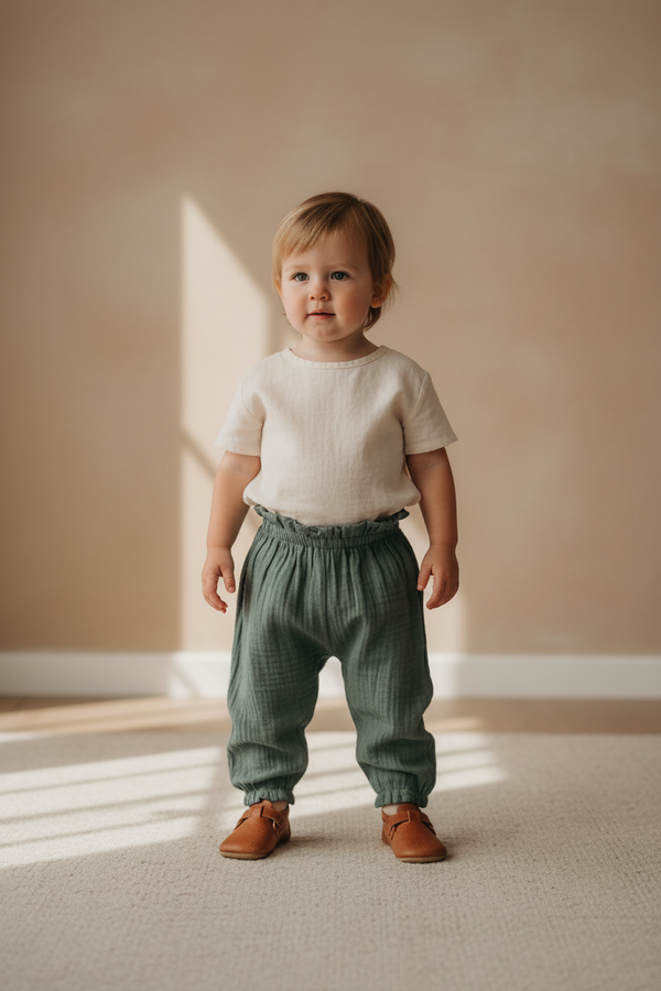 Toddler wearing sage green organic cotton bubble pants with elastic cuffs and waistband.