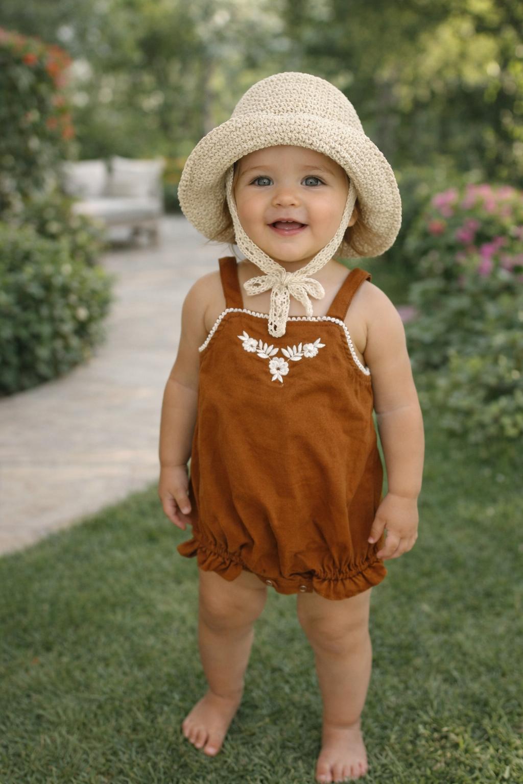 Organic brown cotton baby romper with white embroidery, short sleeves, and ruffled leg openings.