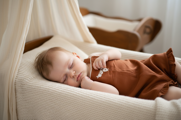 Organic brown baby girl playsuit with embroidered flower, certified organic baby clothing.