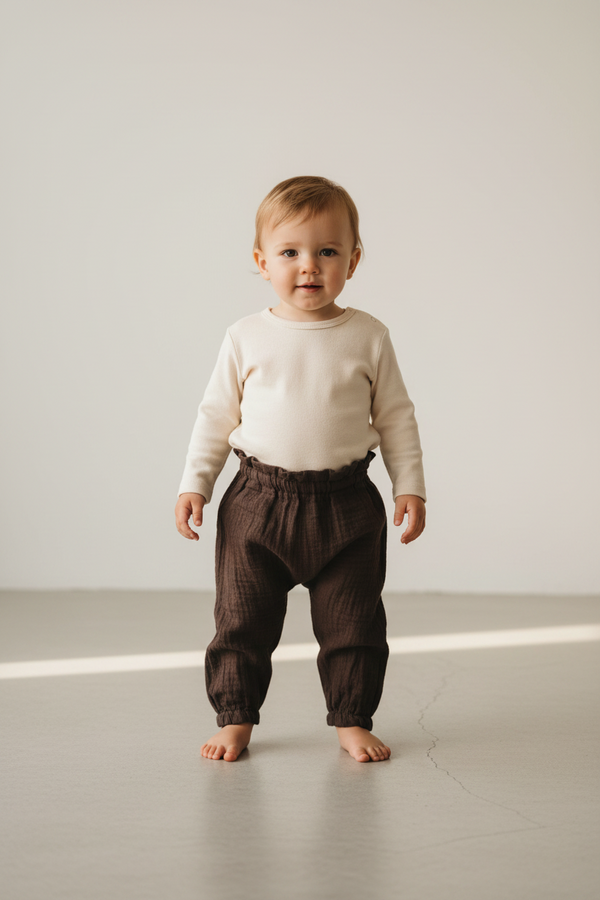 Baby wearing brown organic bubble pants with elastic ankles and waistband from Casita Bebes.