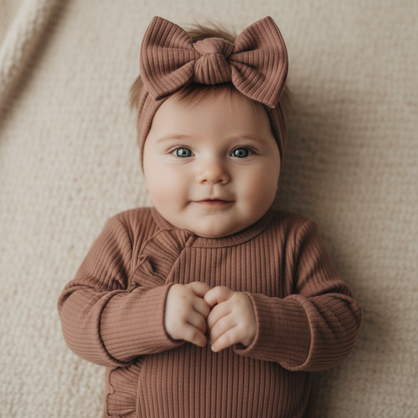 Baby wearing dusty pink organic cotton bow headband and matching ribbed baby clothing from Casita Bebes.