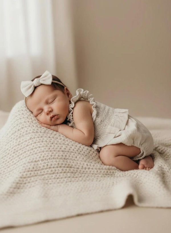 Newborn baby sleeping peacefully on organic knit blanket, wearing ruffled onesie and bow headband