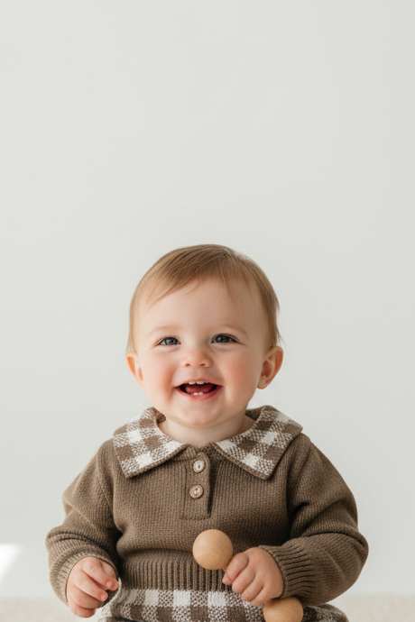 Baby wearing a brown knitted sweater with a checkered collar, holding a wooden toy against a white background.