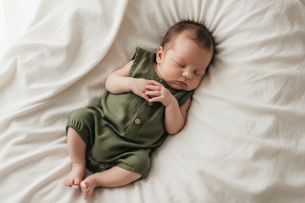 Newborn wearing Papito Linen Romper organic olive green sleeveless linen romper with wooden buttons from Casita Bebes.