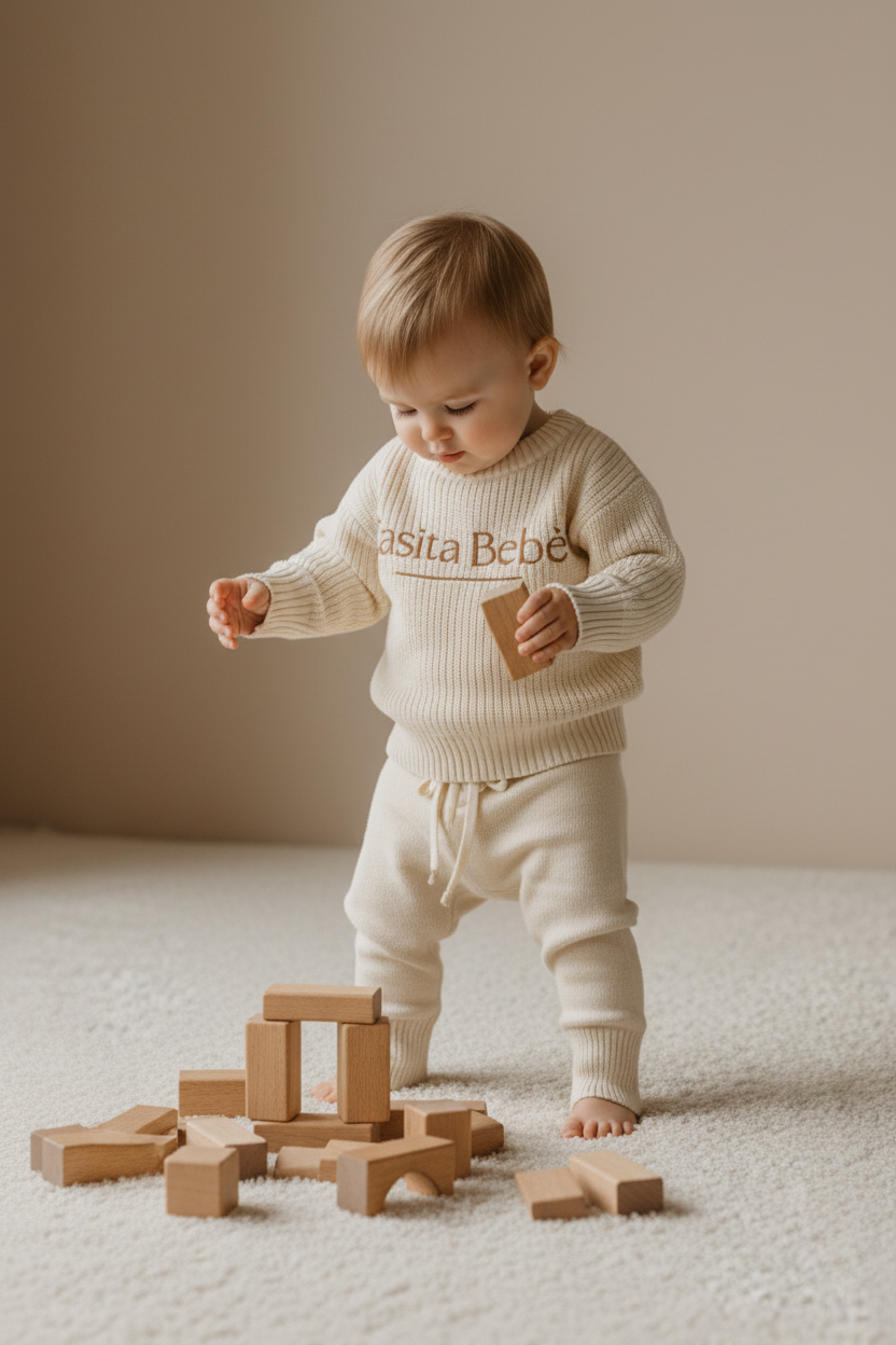 Baby playing with wooden blocks wearing a Casita Bebes sweater on a neutral background