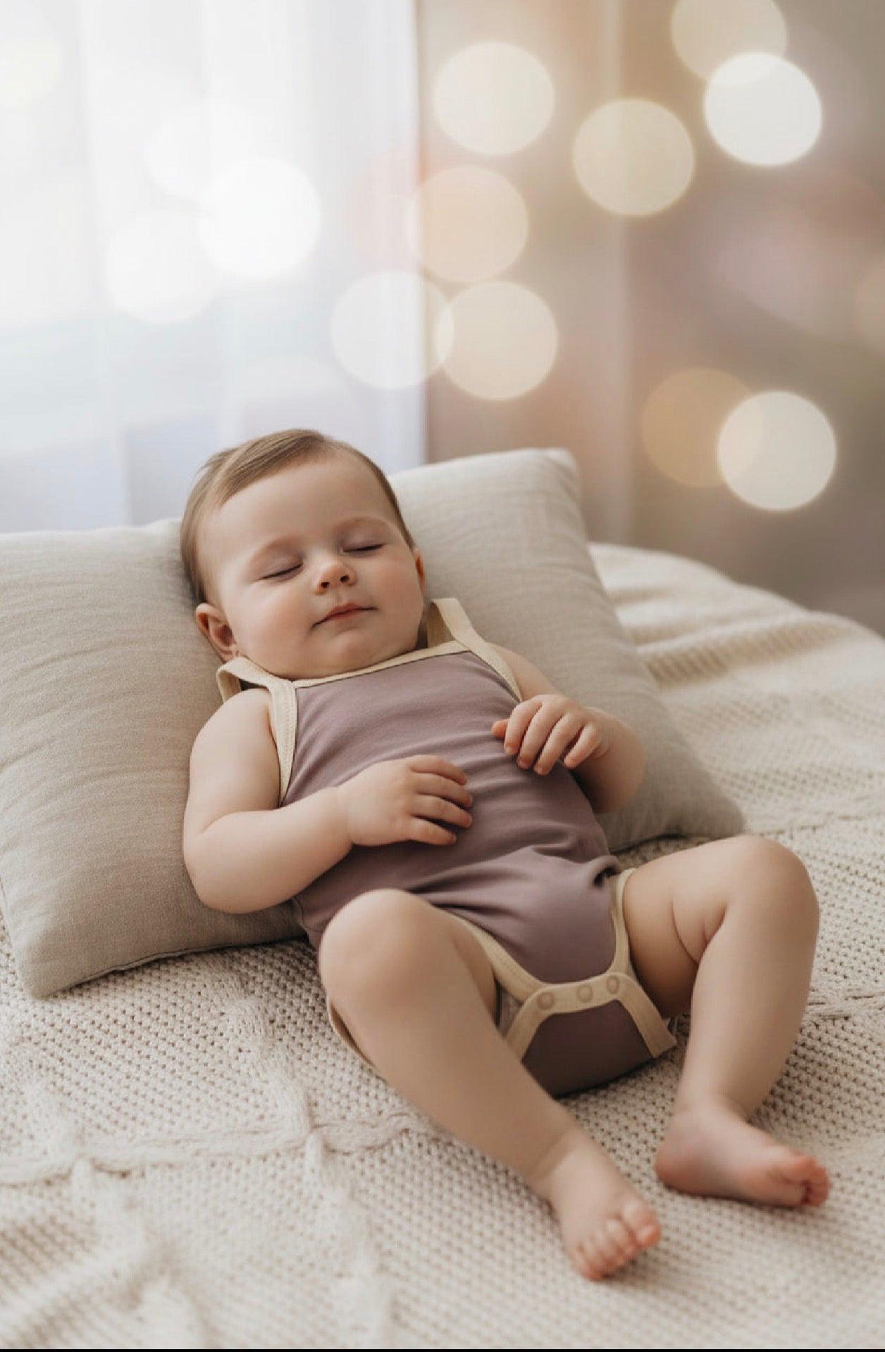 Baby wearing soft organic Mamīta Alaina bodysuit in muted mauve with beige trim, certified organic baby clothing from Casita .
