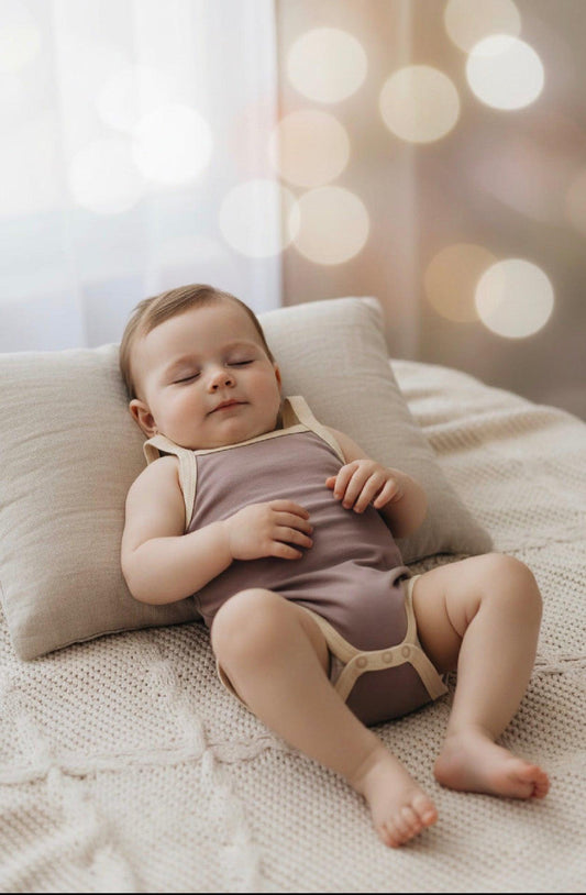 Baby wearing soft organic Mamīta Alaina bodysuit in muted mauve with beige trim, certified organic baby clothing from Casita .