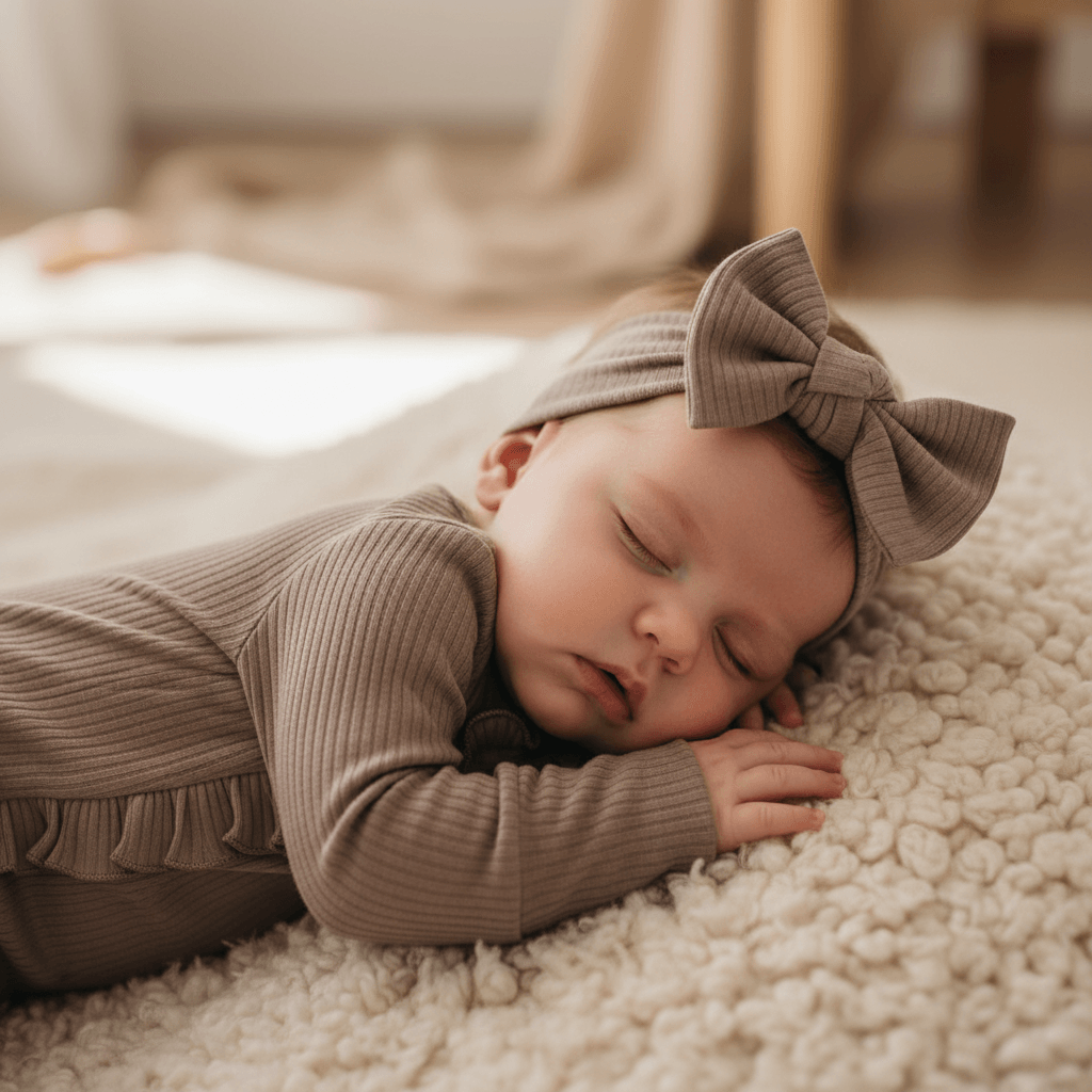 Baby_modeling_Mamita_Frills_Romper_Dusty_Purple_Bow - Casita Bebès