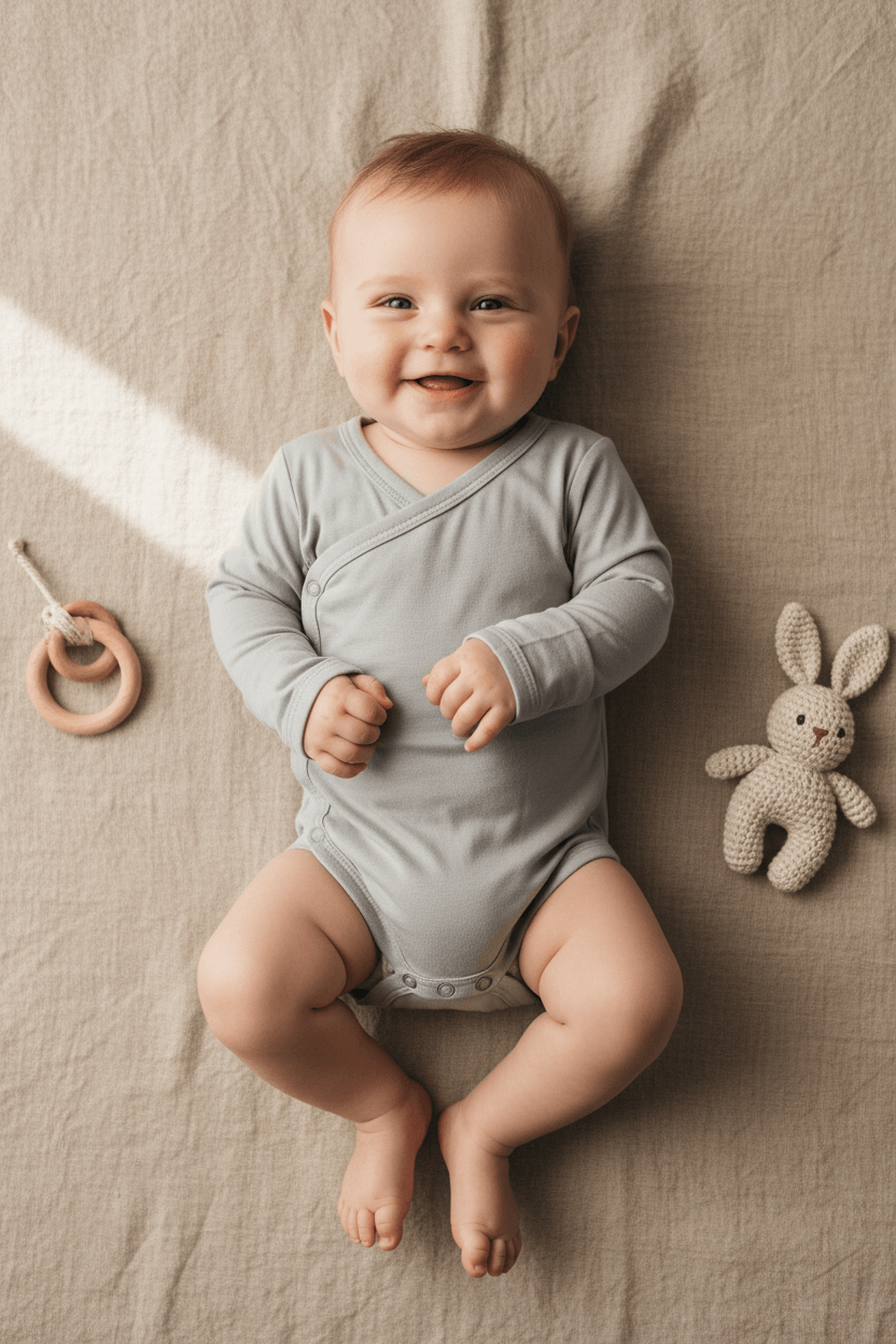 Baby in a light gray onesie sitting on a beige blanket with toys around