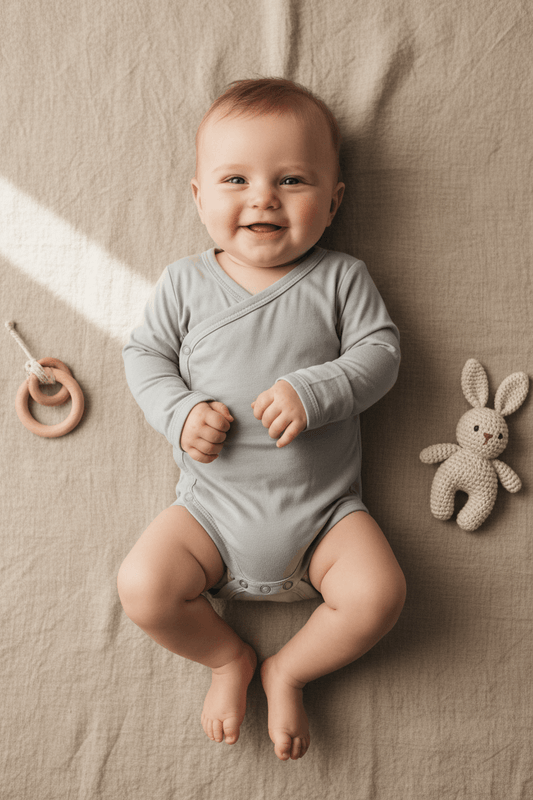 Baby in a light gray onesie sitting on a beige blanket with toys around