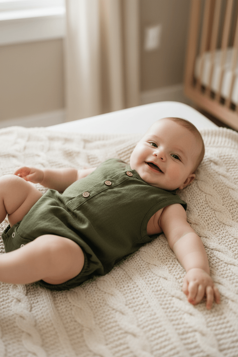 Baby_wearing_Papito_Linen_Romper - Casita Bebès