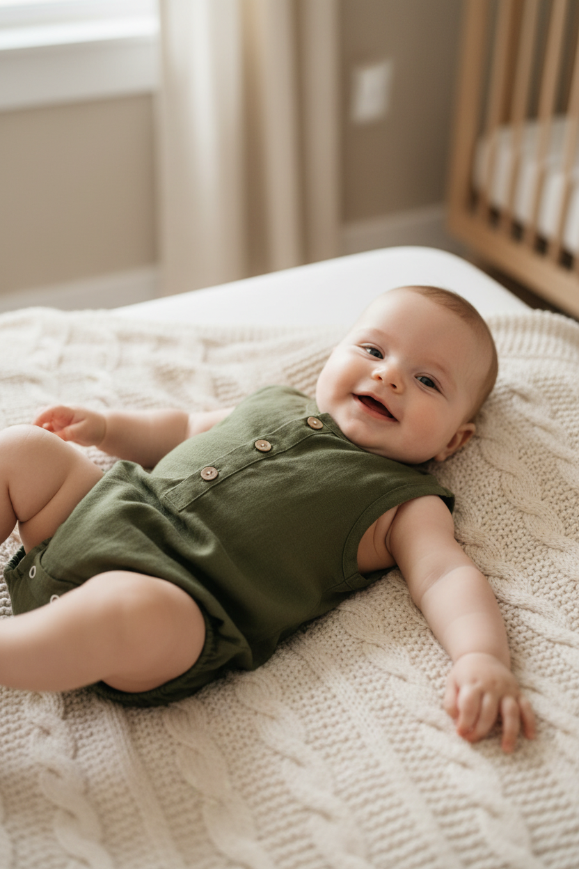 Smiling baby wearing olive green Papito Linen Romper organic cotton sleeveless romper lying on cream knit blanket.