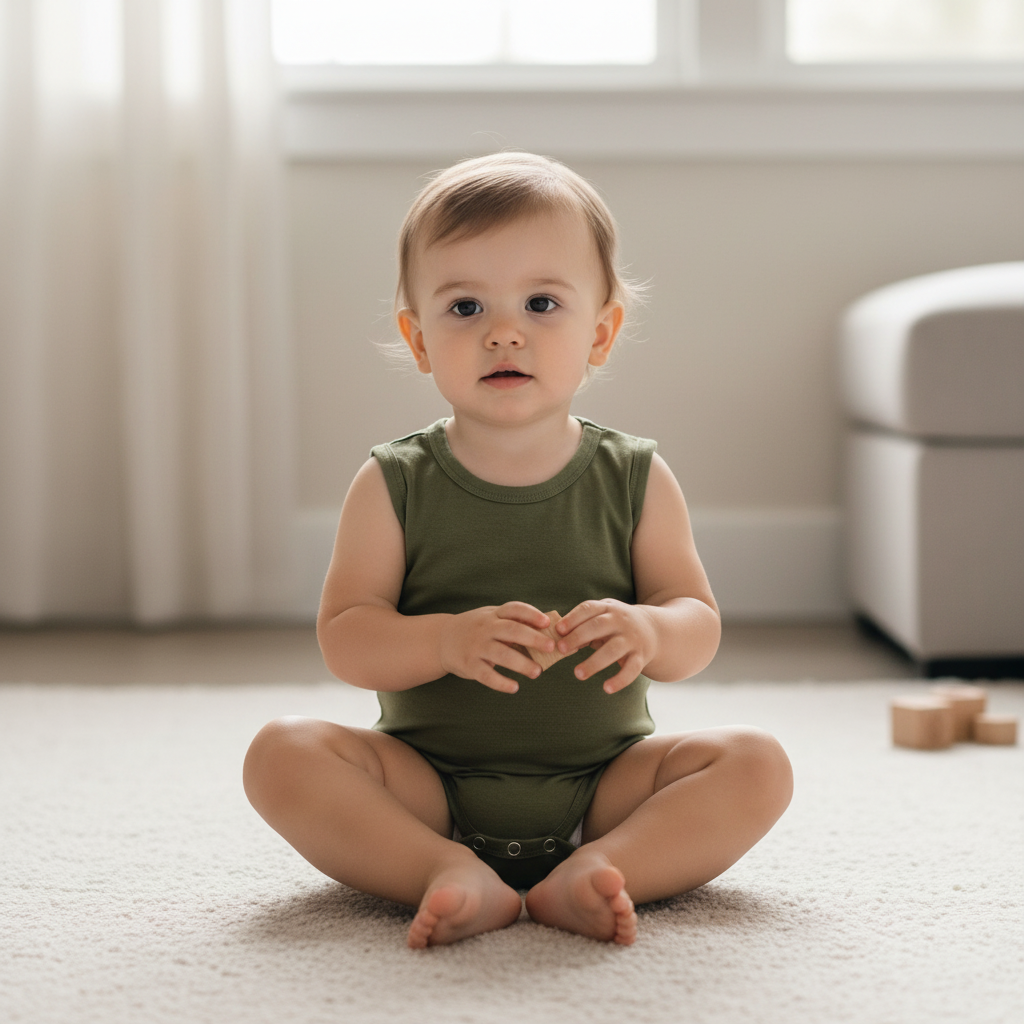 Green sleeveless baby bamboo bodysuit sitting playing