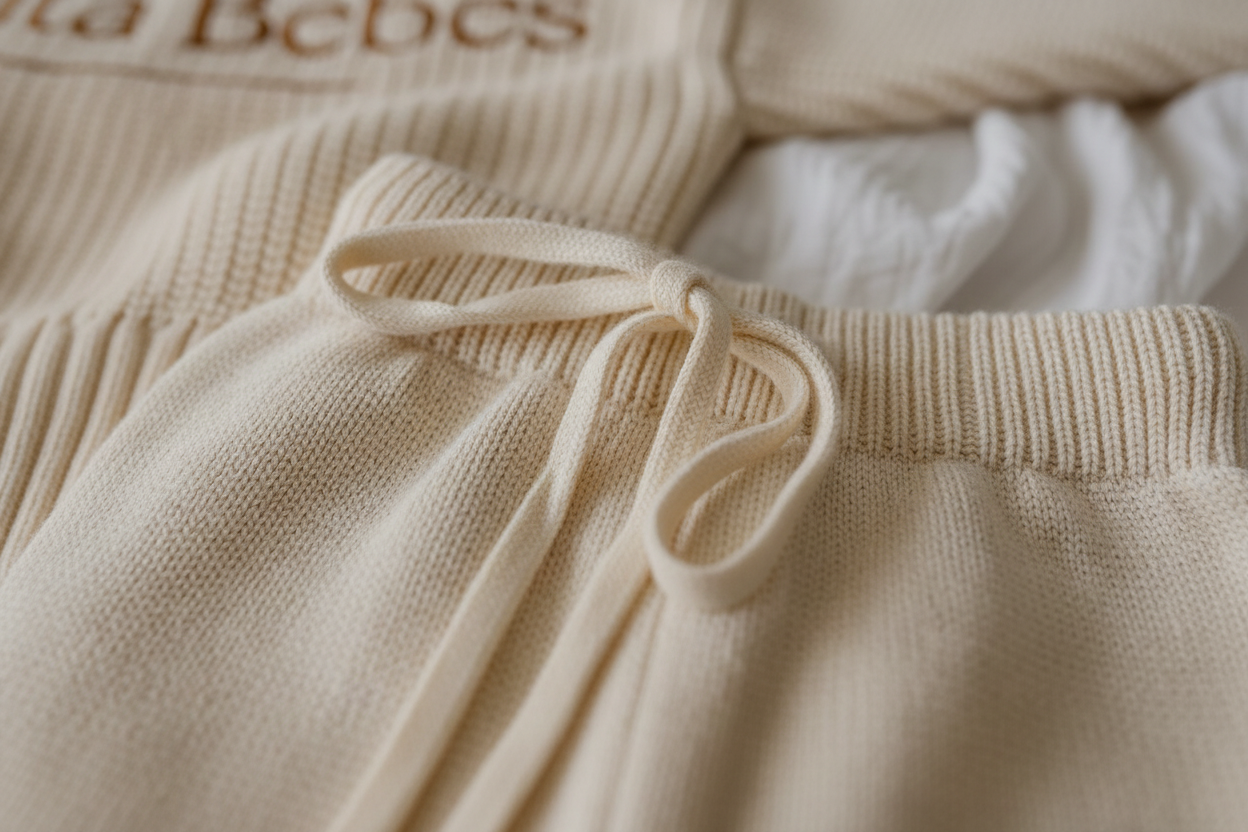 Close-up of beige knitted pants with drawstring waistband