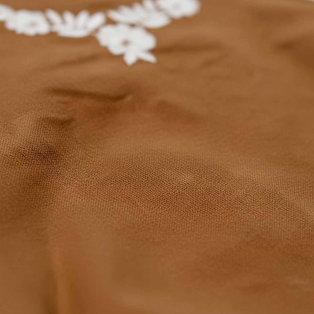 Close up Brown fabric with white floral embroidery