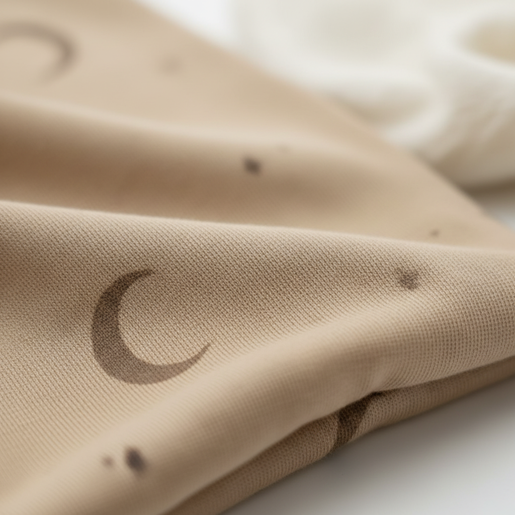 Close-up of beige fabric with a crescent moon symbol on a white background designed by Casita Bebes