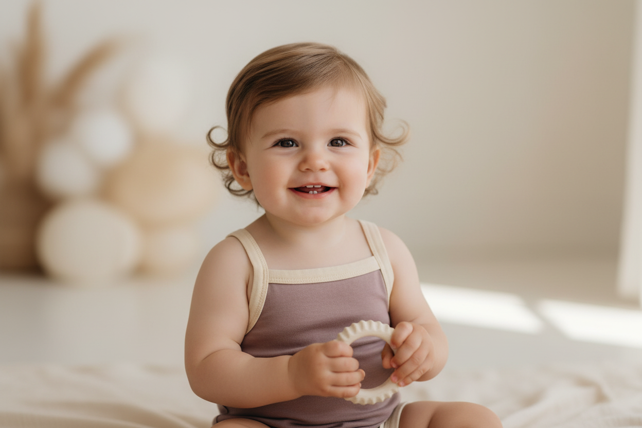 Organic beige and mauve Mamīta Alaina bodysuit on smiling baby, soft certified baby clothing.