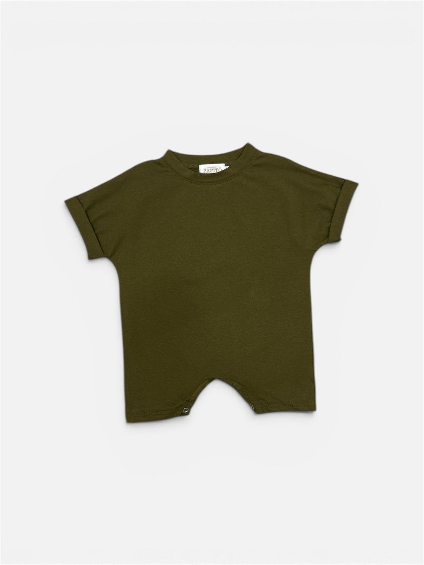 Olive green organic baby romper with short sleeves, certified organic fabric, Casita Bebes quality.